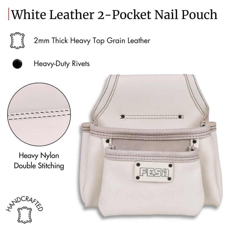 FESA 2 Pocket Nail Pouch for Tool Belts - Leather Screw Pouch with 2 Extra Large Pockets for Fasteners - Heavy Duty Rivets & Stitching - Fits Tool Belts up to 3" - Handcrafted White