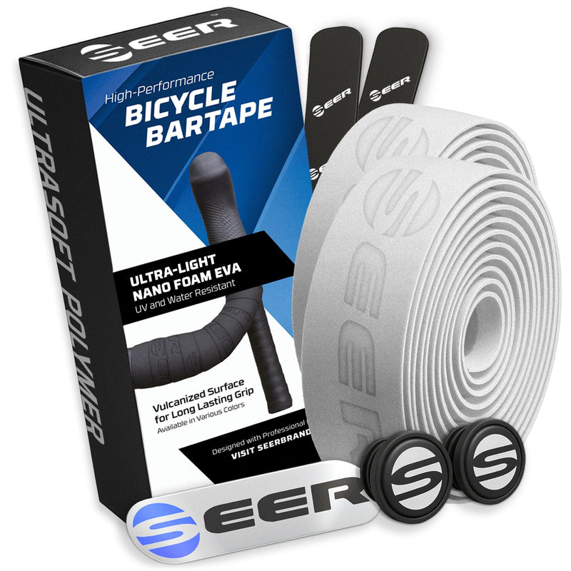SEER Ultra Light 19g (.6oz) Bike Bar Tape – Nano Foam EVA Handlebar Tape, Lightweight Comfort Grip, UV & Water Resistant, Full Kit with 2 Rolls, Bar Plugs & Finish Strips (White) WHITE