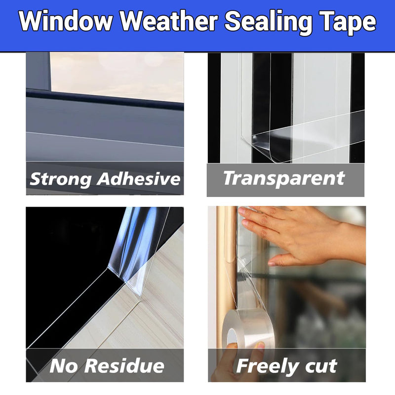 Window Weather Sealing Tape 2 Inch x 33 FT Weather Stripping Residue-Free Clear Window Draft Isolation Sealing Film Caulk Tape for Doors and Shower Glass Gaps Bathroom 2in X 33 FT X 7.87Mils Thickness