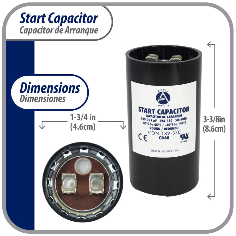 [Australia - AusPower] - Appli Parts Motor Start Capacitor 189-227 Mfd (microfarads) uF 330 VAC Universal fit for Electric Motor Applications 1-3/4 in Wide 3-3/8 in Height CON-189-330 