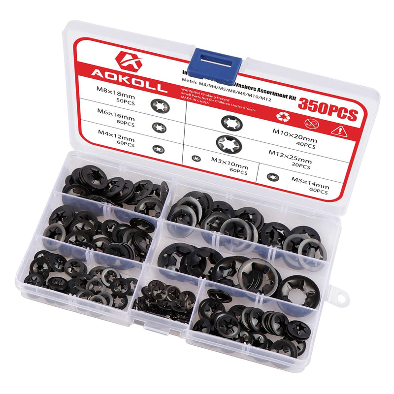 [Australia - AusPower] - 350PCS Internal Tooth Star Lock Washers, Push Nuts Assortment, Press On Retaining Locking Washer Assortment Kit (Black) Black 