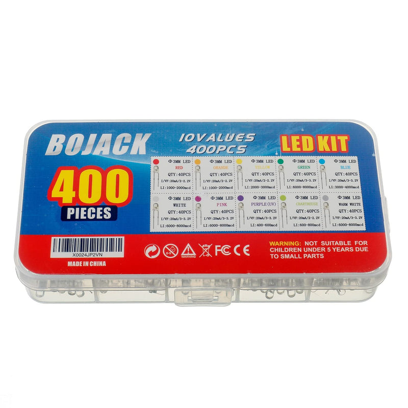 [Australia - AusPower] - BOJACK 10 Colors 400 pcs 3mm LED Diode Lights Assored Kit Pack (Red/Ora/YEL/Gre/Blu Transparent DC 2V - 3.2V 20mA) Bright Lighting Bulb Lamps Electronics Components 3 mm Light Emitting Diodes Parts 