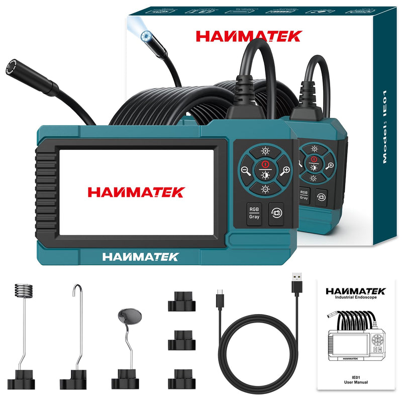 HANMATEK Industrial Endoscope, 4.3-Inch TFT Screen, 16.5ft Flexible Cable, IP67 Waterproof, 8mm Camera with Adjustable LED Lights, USB-C Charging, 4 Hours Battery Life, 180° Rotating Display IE01