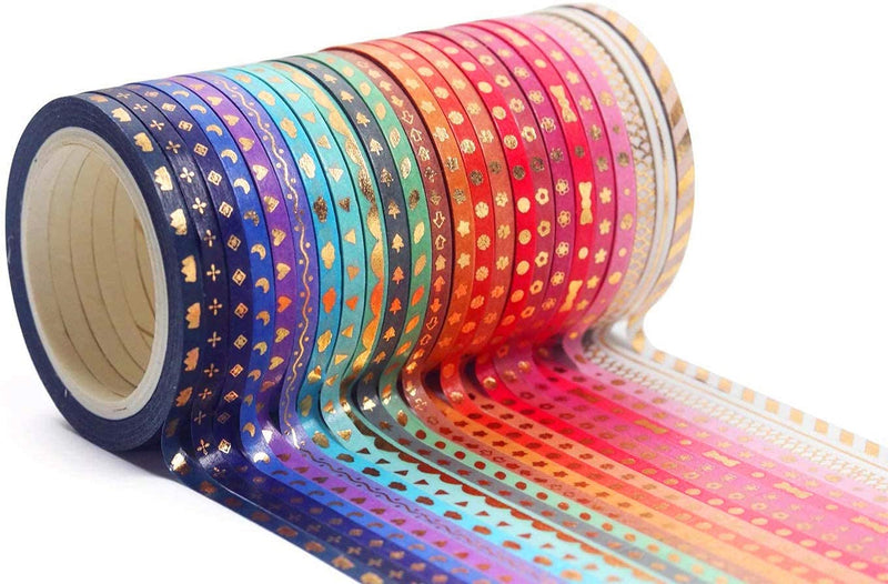 24 Rolls Washi Tape Set Foil Gold Skinny Decorative Masking Tape 3MM Wide Scrapbook Tape for DIY Craft Art Projects Journal Gift Wrapping