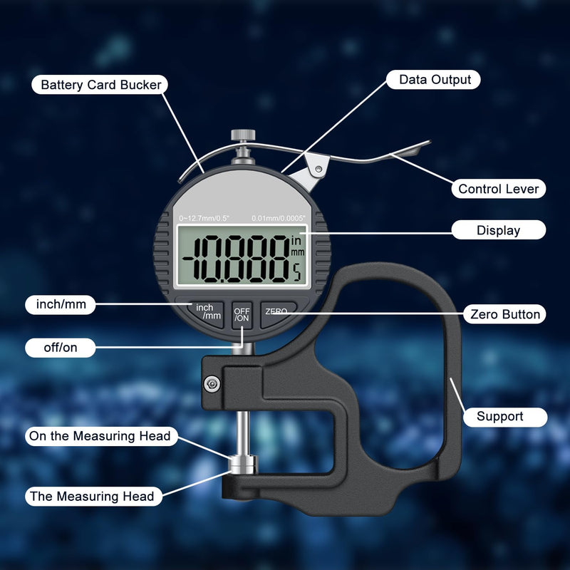 [Australia - AusPower] - Digital Thickness Gauge 0-12.7mm/0.5" | 0.01mm/0.0005", Thickness Meter Precise Electronic Micrometer with LCD Display, Suitable for Paper/Film/Leather/Wire Thickness Gauge-Black 