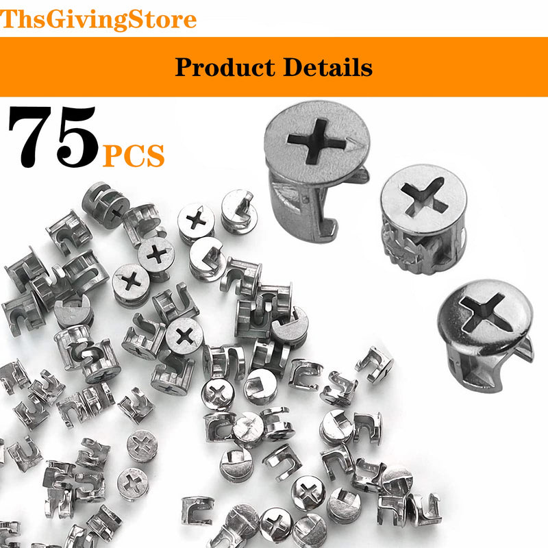[Australia - AusPower] - 75pcs Cam Lock Nut Fasteners, 3 Sizes Eccentric Wheel Nut Furniture Connectors Cam Fittings for Cabinet Connecting Hardware Bolts Silver Tone 