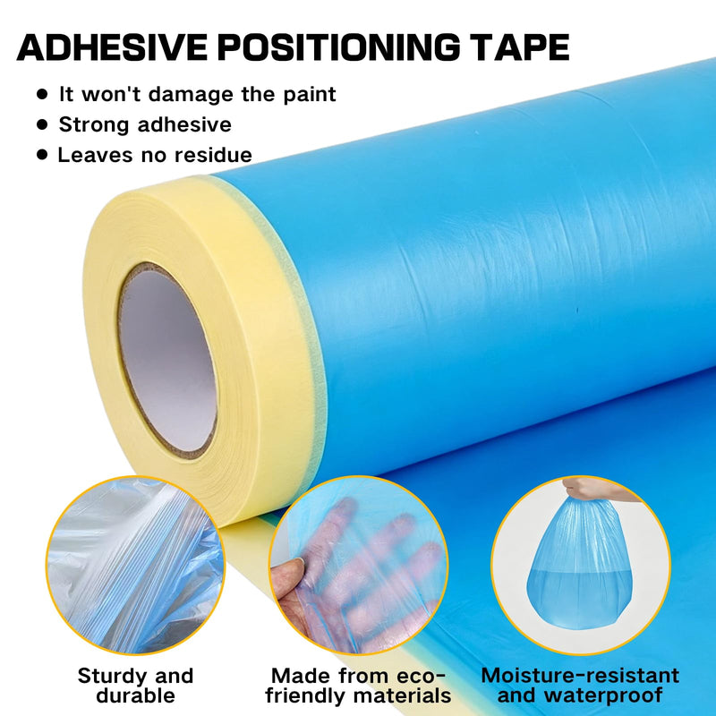 2 Rolls 22 in x 66 Ft Thicker Pre-Taped Masking Film | Self-Adhesive Heavy Duty Painters Plastic Sheeting Drop Cloth | Waterproof Protective Covering for Auto Refinishing & Home Decoration