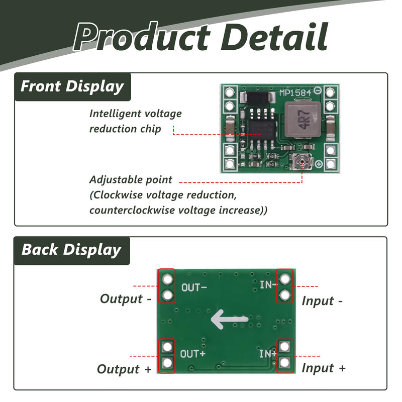 5pcs MP1584EN Buck Converter, DC-DC Buck Converters 4.5-28V to 0.8-20V Adjustable Converter, Mini Step Down Converter Module, 24V to 12V 9V 5V 3V, Compact DC Converter for Electronics, Arduino, Car