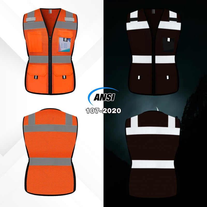 Reflective Vest for Women, Mesh Womens Safety Vest with 11 Pockets and Zipper, Hi Vis Neon Construction Work Vest for Lady Surveyors/Workers, Snugly-Fitted, ANSI Compliant (U-Orange, M) Medium Orange
