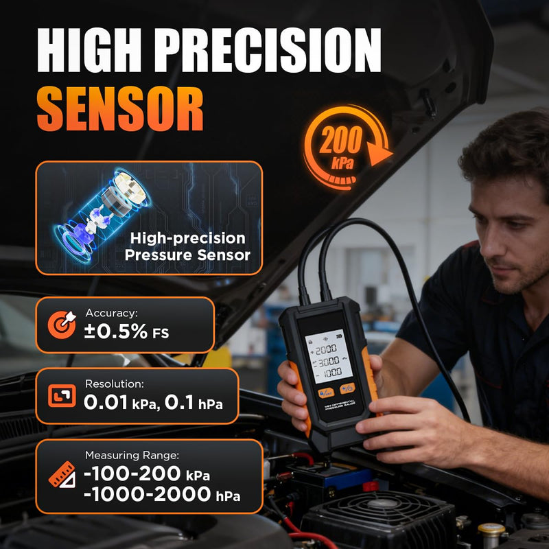 Manometer Gas Pressure Tester -101 to 200KPa Digital Manometers Dual-Port Gas Manometers HVAC with Auto Calibration, Backlight LCD Display, Data Hold Air Pressure Meter Small-PT503