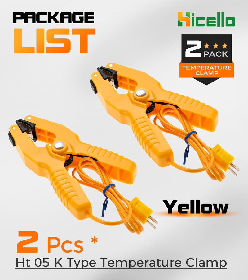 [Australia - AusPower] - 2 PCS K-Type Thermocouple Sensor Thermometer Lead Probe Pipe Clamp Jaw Clip Plumbing Clamp for Fieldpiece Gauges HVAC & Plumbing (-40°F to 392°F) Yellow Ht 05 K Type 2 * Clamps 