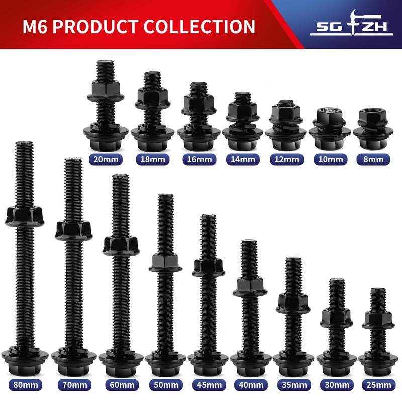 [Australia - AusPower] - M6 x 12mm Flanged Hex Head Bolts, Nuts, Flat & Lock Washers, 20Pcs 18-8 (304) Stainless Steel, Fully Threaded, Black Oxide by SG TZH M6 x 12mm 20 
