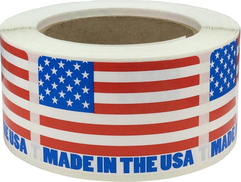Made in The USA Flag Labels Red White Blue, 2 x 3 Inch Square Cold Temp Adhesive Stickers, 500 American Flag Product Labels Per Roll for Packaging, Retail, and Product Identification – Made in the USA