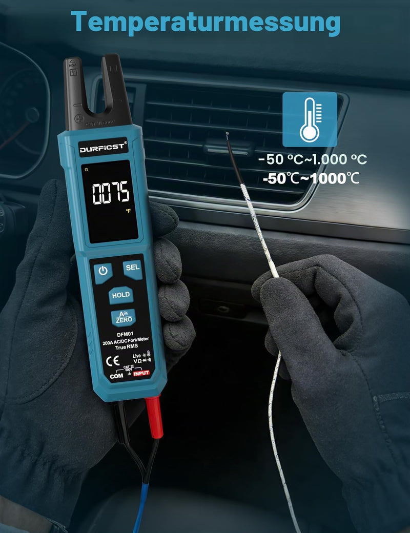 DURFICST Current Clamp TRMS 4000 Counts, Current Meter with 200 A AC/DC & 600 V | Digital clamp ammeter with NCV, capacity measurement, continuity test, temperature measurement