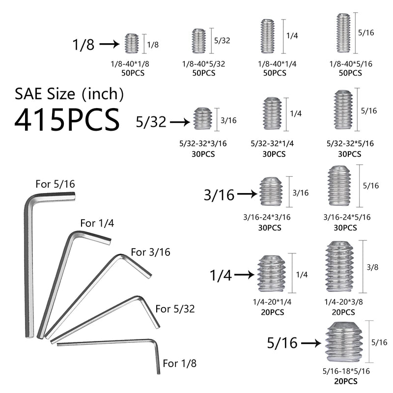 [Australia - AusPower] - 1000pcs Metric + SAE Set Screw Assortment Kit, Internal Hex Drive Cup-Point Allen Screws Set 304 Stainless Steel Grub Screw (M3-M8, 1/8""-40 to 5/16""-18) Silver Set Screws 1000PCS 