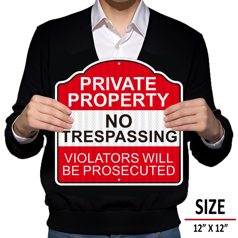 (4 Pack) Reflective Metal Private Property No Trespassing Signs, 12" x 12" Heavy-duty Aluminum Private Property Signs Outdoor, Keep Out Violators Will Be Prosecuted, Weather-resistant