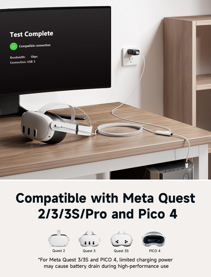 JSAUX Link Cable 16FT with Charging Compatible with Meta Quest 3S/Quest3/2/Pro Accessories【 Charging While Playing】 USB 3.0 High Speed Data Compatible with Oculus 3S/3/2/Pro, Pico 4, PC VR, Steam VR 10W Charging