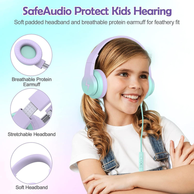 [Australia - AusPower] - Kids Headphones, Wired Headphones for Kids Over Ear with Microphone, 85/94dB Volume Limiter Headphones for Girls Boys with Sharing Jack, Foldable Headphones for Online Study,Gradient Purple Light Purple 
