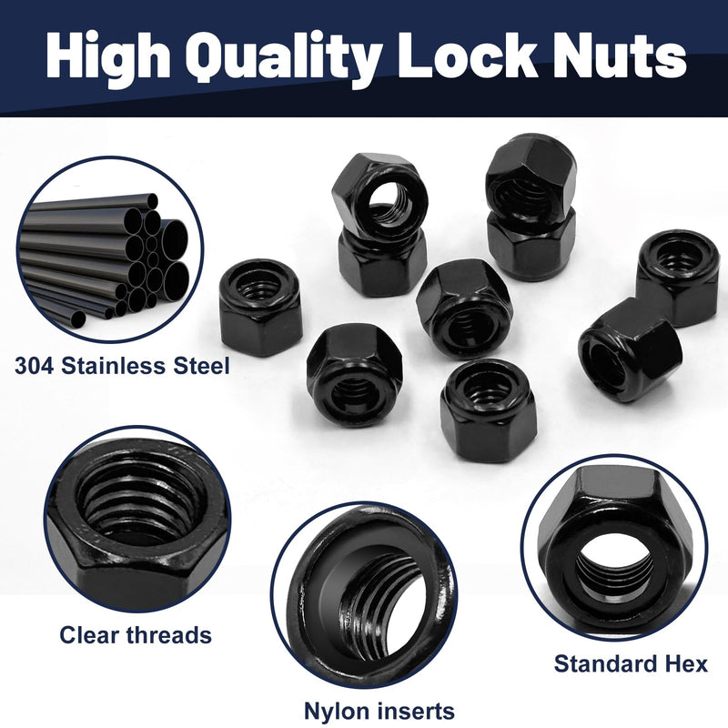 [Australia - AusPower] - ZQZ 1/4"-20 Black Nylon Lock Nuts, 65PCS 304 (A2-70) Stainless Steel Nylon Insert Locknuts, Black Oxide, Coarse Thread Nylock Nuts 1/4-20, 65pcs 
