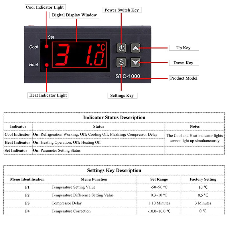 [Australia - AusPower] - STC-1000 Digital Temperature Controller DC 12V 10A Digital LED Temperature Controller with NTC Sensor Probe Heating Cooling Centigrade Thermostat 2 Relays Output 