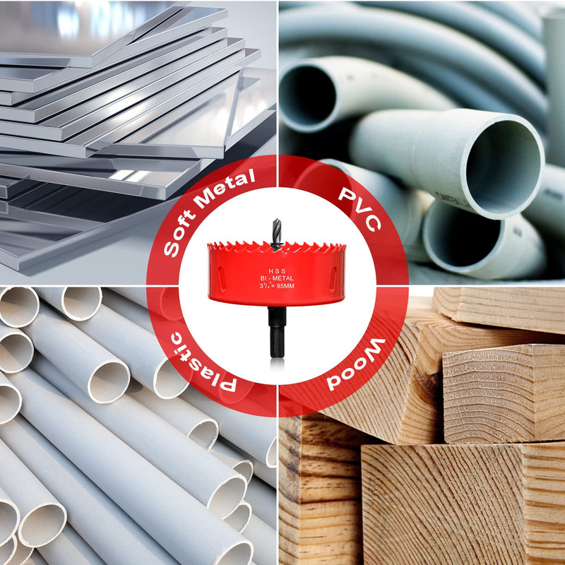 [Australia - AusPower] - Hole Saw 3 3/4” (95mm) for Wood and Plastic, HSS Bi-Metal Hole Cutter Core Drill Bit for Drywall, PVC Boards, Fiberglass and Vent Pipes Red 3-3/4"(95mm) 