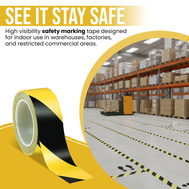 Harrier Hardware 2 in x 180 ft PVC Striped Safety Warning Adhesive Tape, Black & Yellow High Visibility Industrial Commercial Caution Wall Floor Equipment
