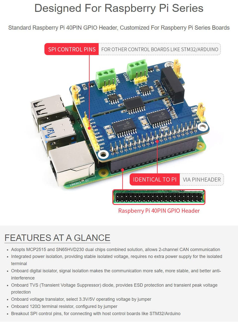 [Australia - AusPower] - Waveshare 2-Channel Isolated CAN Expansion Hat for Raspberry Pi with MCP2515 + SN65HVD230 Dual Chips Solution and Multi Onboard Protection Circuits 