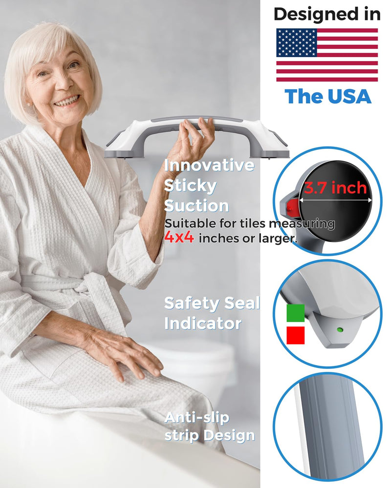 2 Pack 16.5" Suction Grab Bars for Showers with Safety Indicator, No-Drill 4mm Thickened Handicap Shower Handle for Seniors, Non-Slip Bathroom Balance Rail for Smooth Tiles & Tubs Gray White