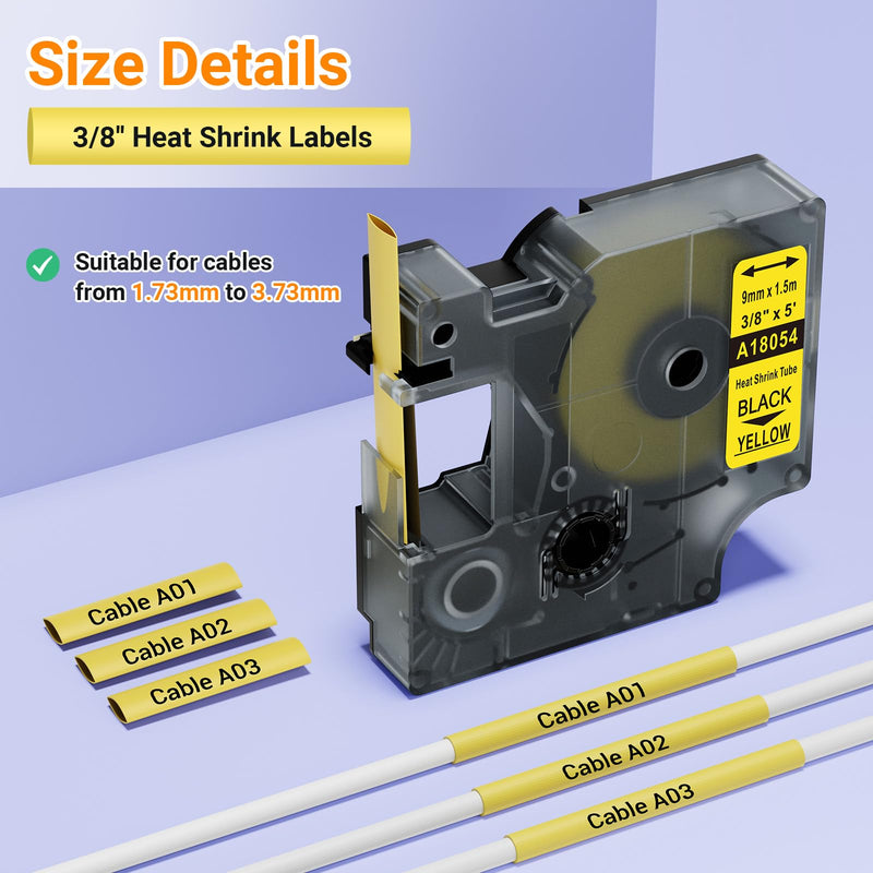 Compatible Label Tape Replacement for DYMO 18054 Heat Shrink Tube Labels, Use with DYMO Rhino 5200 4200 5000 6000 Industrial Label Makers (Black on Yellow, 3/8" x 4.9'), 5-Pack Black on Yellow 3/8"