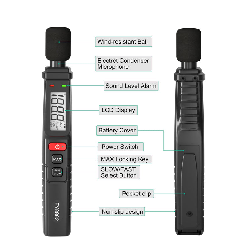 [Australia - AusPower] - Decibel Meter, Sound Level Meter, Portable, Digital SPL Meter 30-130dB with A Weighted, Fast/Slow Mode, Max Data Hold, Clip-on Ultralight Noise Meter for Home, Factory, Classroom, Office 