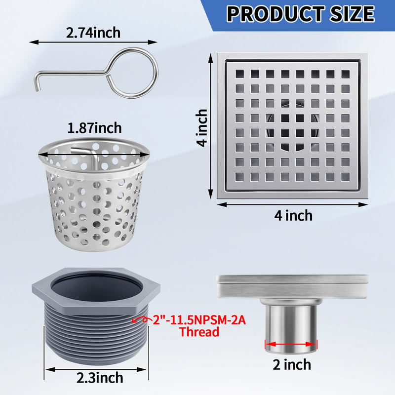 Boltigen Square Shower Drain, 304 Stainless Steel 4 inch Shower Floor Bathroom Shower Drain with CUPC Certified, Brushed Nickel 4'' Square Floor Drain, for Bathroom Toilet Washroom Drain Water