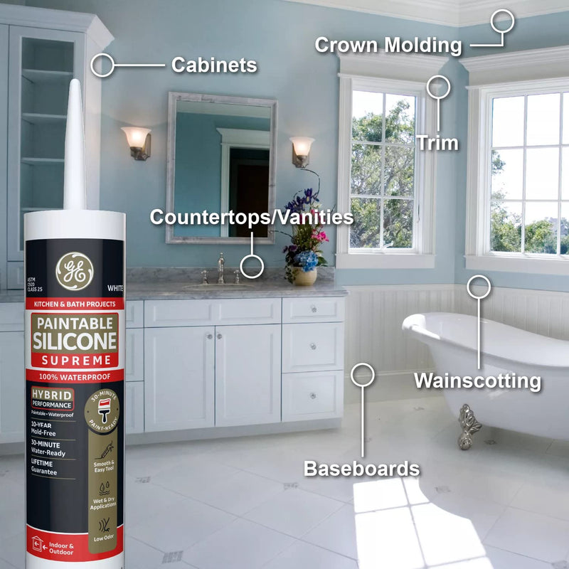[Australia - AusPower] - GE Supreme Paintable Silicone Caulk for Kitchen & Bathroom - 100% Waterproof Silicone Sealant, 7X Stronger Adhesion, Shrink & Crack Proof - 9.5 fl oz, White, 1 Pack Pack of 1 