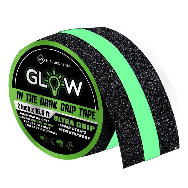 Supplies Sense Anti-Slip Grip Tape Strips 2" x16.5ft, Non-Slip Traction Tape, Weatherproof Safety Adhesive Grip Treads with Glow in The Dark Strip, in/Outdoor Abrasive Tape for Stairs, Non-Skid Steps