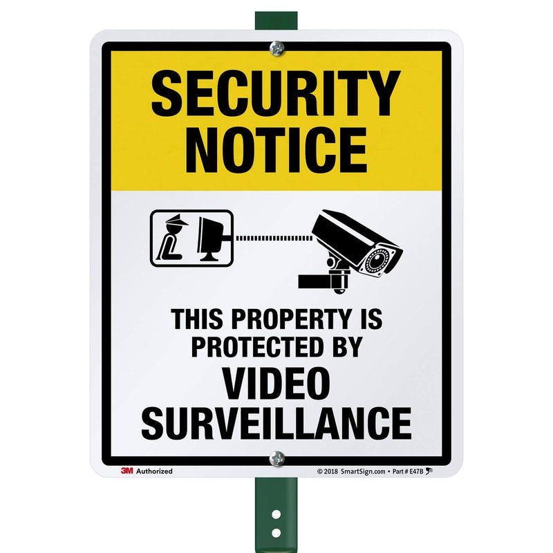 SmartSign 12" x 10" 'Security Notice Property Protected By Video Surveillance' Yard Sign with 3 ft Stake, 40 mil Aluminum 3M Laminated Engineer Grade Reflective, Yellow/Black/White Aluminum Sign with 3' Stake