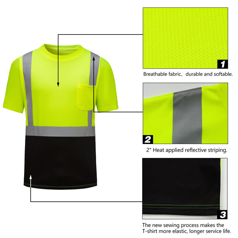 High Visibility Shirts Quick Dry Safety T Shirts with Reflective Strips and Pocket Short Sleeve Mesh Hi Vis Construction Work Class 2 Shirt for Men/Women Black Bottom Lime,Medium Medium Lime 02