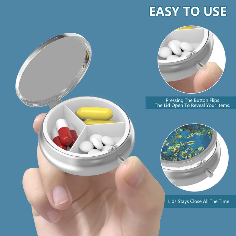 [Australia - AusPower] - Pill Box, 3 Compartment Small Pill Case for Purse & Pocket, Cute Pill Organizer Travel Pillbox, Pill Container Holder to Hold Vitamins, Medication, Fish Oil and Supplements(Van Gogh Almond Blossom) 01-van Gogh Almond Blossom 1 piece 