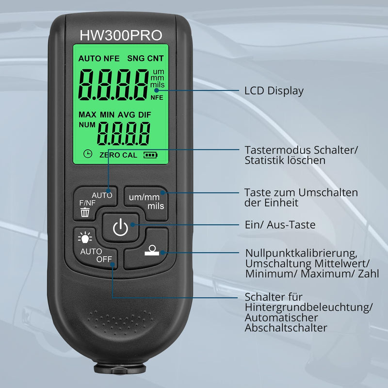 [Australia - AusPower] - ALLmeter Paint Thickness Gauge, Paint Thickness Gauge, Car Measuring Range 0 to 2000 um with LCD Display, Fe & NF for Measuring Paint Thickness in the Automotive Industry, Car Paint Tester 
