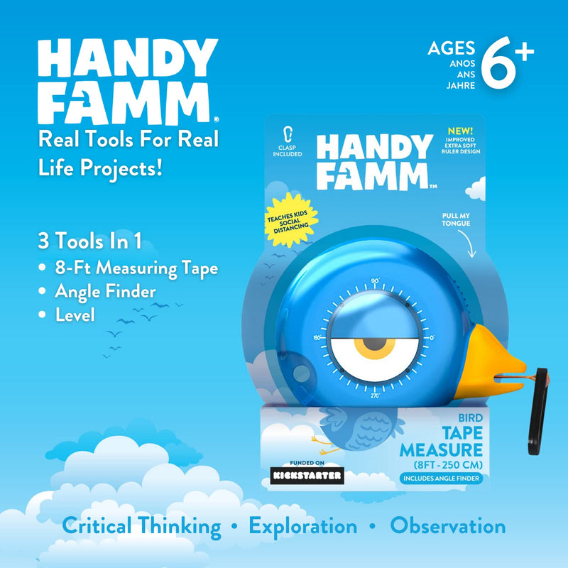 [Australia - AusPower] - 8Ft Animal Shaped Kids Tape Measurer, Fun Level and Protractor Angle Finder, Educational Children's Tools, Small Measuring Tapes for Learning Early Math Skills, Ages 3 and up, Blue Bird 