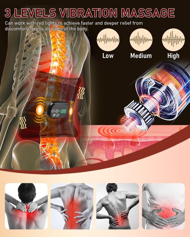 Red Light Therapy for Body Massager Belt with Vibration Massage, Cordless Infrared Light Therapy with 2 Long Wraps, Red Light Therapy Belt Wrap for Back Shoulder (Black) Black