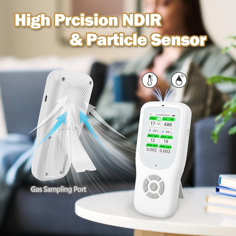 11-in-1 Air Quality Monitor - Portable Indoor Air Quality Detector with Stand, Real-Time Test for AQI, CO2, PM2.5, PM1.0, PM10, TVOC, HCHO, Particles, Humidity & Temperature White-White
