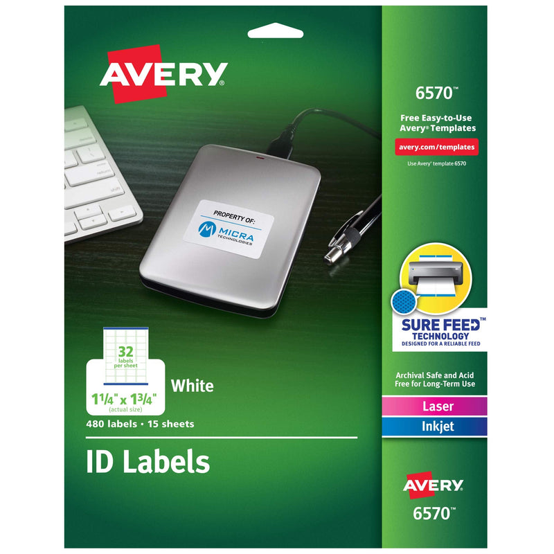 Avery ID Labels, Sure Feed Technology, Permanent Adhesive, 1.25" x 1.75", 480 Labels (6570) 1-1/4" x 1-3/4"