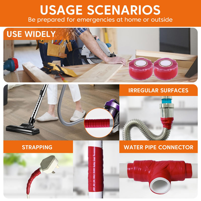 2 Rolls Self Fusing Silicone Tape - 1in(W) X 10ft(L) Waterproof Tape, Water Leak Seal, Plumbing Hose Repair, Rubber Tape for Cable Winding Insulating, Red