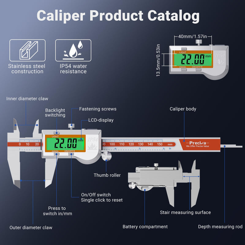 [Australia - AusPower] - Preciva Digital Vernier Caliper 150 mm IP54 - Electronic Calliper Made of Stainless Steel with LCD Display, Backlight and Fine Adjustment Precision Caliper 