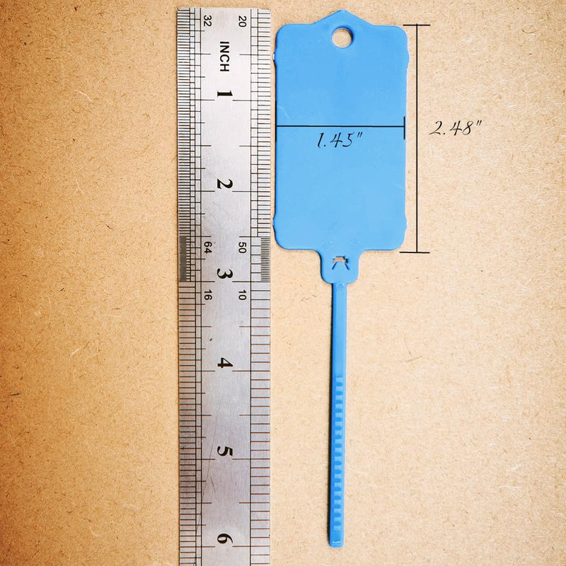 100pcs Reusable Blank Plastic Tags Ties Key Tags 1.45"*2.48" Serrated Tension Sealing Strap with Large Label Plastic Tie Mark Label Waterproof Hang Sign Write on Tag (Blue, 100pcs) Blue