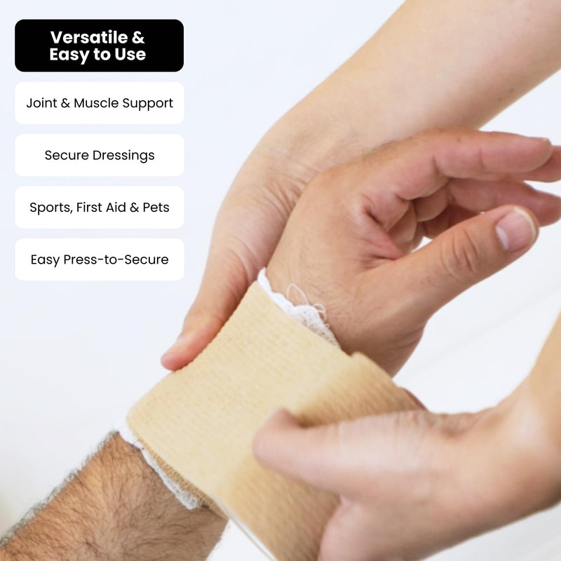 Juvale Self-Adherent Cohesive Wrap - Breathable Support Athletic Tape - Snug Fit for Tattoo Equipment - Swelling & Strain Aid Sports Tape - 3 in x 5 yd, Pack of 12, Tan 3" x 5 Yards