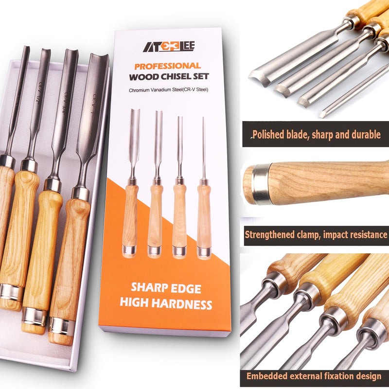 [Australia - AusPower] - ATOPLEE 4 Pieces Wood Chisel Set for Woodworking, Professional Wood Chisel Tool Carpenter Gouge CR-V Steel Semi-Circular Edge Sharp Blade 8mm(5/16")/12mm(1/2")/18mm(3/4")/25mm(1") (Full Size-4PCS) Full Size-4PCS 