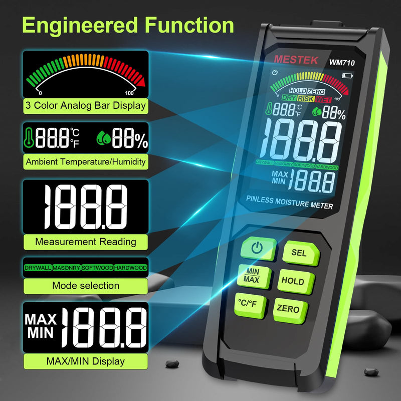 [Australia - AusPower] - Pinless Moisture Meter, MESTEK Wood Moisture Meter Digital Moisture Detector for Lumber Drywall Firewood Masonry Woodworking Plaster Floor Concrete Building with LCD Display Sound Alarm 