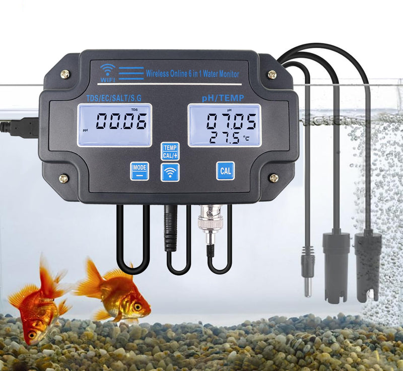 [Australia - AusPower] - Smart Water Quality Tester 6-in-1 pH/EC/TDS/Salinity/S.G and Temperature Meter with Wi-Fi Continuous Monitor Wall-Mounted pH Water Meter with ATC and Easy Calibration for Aquariums, Hydroponics 