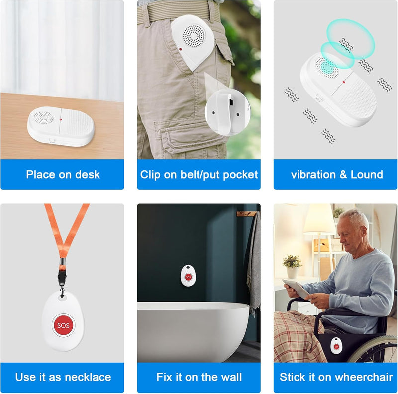 [Australia - AusPower] - Wireless Caregiver Pager Nurse Alert System Smart Call Button for Home/Elderly/Patient Vibration Pager (Include Belt Clip) with 52 Melodies (1 Receiver + 1 Call Button) 