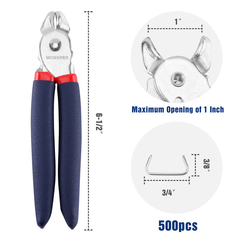 [Australia - AusPower] - WORKPRO Hog Ring Pliers with 500 Pcs 3/4" Hog Rings, Galvanized Steel Hog Rings Perfect for Furniture Upholstery, Auto Upholstery, Meat & Sausage Casings 